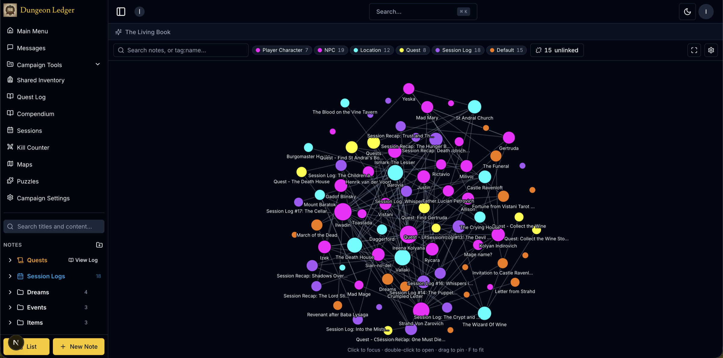 A real D&D campaign in Dungeon Ledger: the knowledge graph showing player characters, NPCs, locations, quests and session logs as labelled nodes, colour-coded by type and connected by the links between notes.