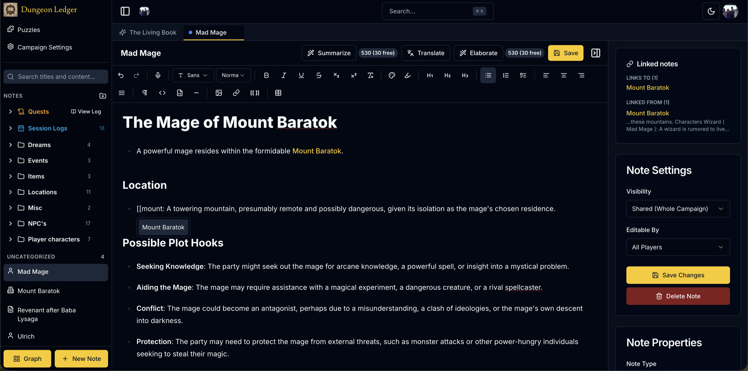 The Dungeon Ledger note editor with a rich text toolbar, the [[ note-link autocomplete open mid-sentence, a Linked notes panel, and note visibility and editing permissions in the sidebar.